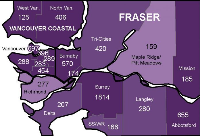 メトロバンクーバーでの地域別累計感染者数 Photo B.C. Centre for Disease Control geographic distribution of COVID-19 cases in Greater Vancouver from January to September