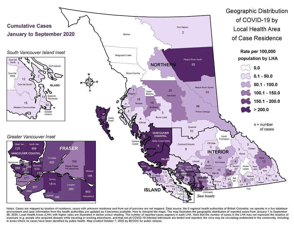 BC州全体の地域別累計数。Photo B.C. Centre for Disease Control geographic distribution of COVID-19 cases in BC from January to September