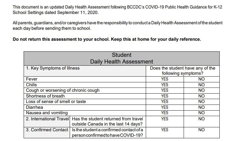 バンクーバー学校区のDaily Health Assessment – Student　Photo © the Vancouver Shinpo