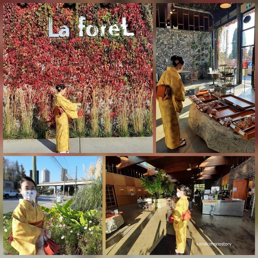 バーナビーにあるカフェ＊La foretにて。店内は広くてインテリアも植物が多くて落ち着きます。カジュアルな銘仙着物と半幅帯で気軽に装いました Photo © コナともこ