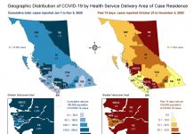 BCで1日の新型コロナ感染者数が400人を超える BC geographic distribution of covid-19 by BCCDC