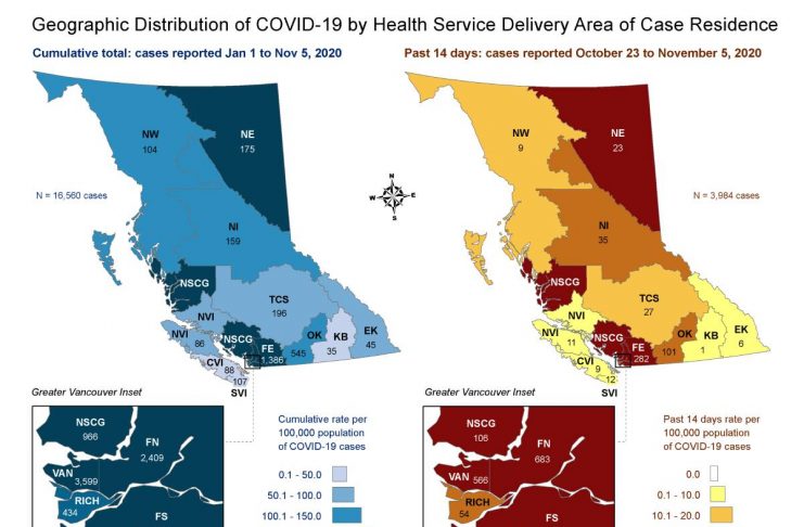 BCで1日の新型コロナ感染者数が400人を超える BC geographic distribution of covid-19 by BCCDC