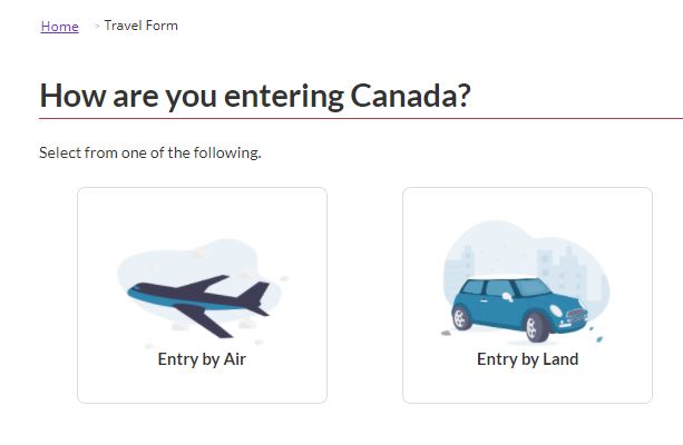Verificationを入力すると、入国方法を選ぶ画面に。Photo © the Vancouver Shinpo