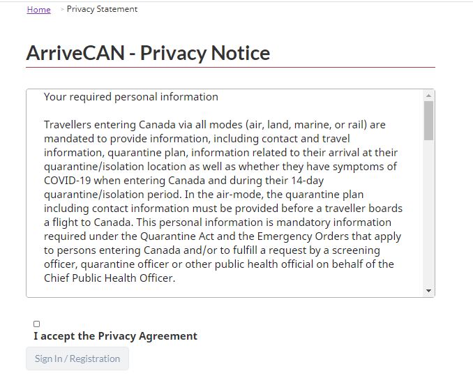 プライバシー規定のスクリーンショット。I accept the Privacy Agreementをクリック。Photo © the Vancouver Shinpo