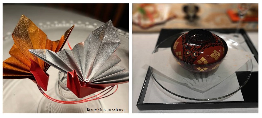 和洋折衷のお正月テーブルデコレーション／折り紙は上質な紙を使い豪華さを出します　Photo © コナともこ