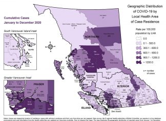 2020年のコロナ感染者累計、バンクーバー市内で8249人 2020年1月から12月の地域別感染者数。By BCCDC(BC州疫病管理センター)