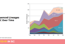 BC州2日連続で新規感染1200人越え、変異株が急増 B.1.1.7イギリス型が増加していることを示す表。BC新型コロナ変異株プレゼンテーション資料より。By Public Health Officer of BC