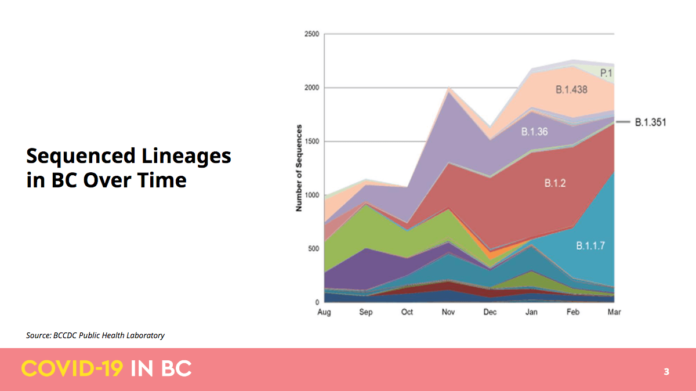 B.1.1.7イギリス型が増加していることを示す表。BC新型コロナ変異株プレゼンテーション資料より。By Public Health Officer of BC