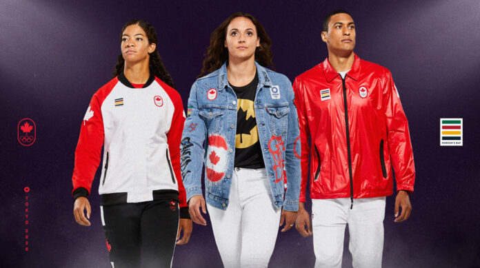 東京五輪2020チームカナダ公式ユニフォーム。左から：Sarah Douglas (セーリング) 表彰式用、Kylie Masse (水泳) 閉会式用、Pierce Lepage (陸上) 開会式用。 Photo: Team Canada, Photo courtesy of Canadian Olympic Committee
