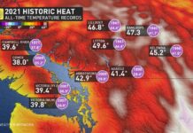BC州でカナダ最高気温3日連続更新、メトロバンクーバーでも40度越え BC州各地で猛暑記録更新。The Wather Networkウェブサイトより