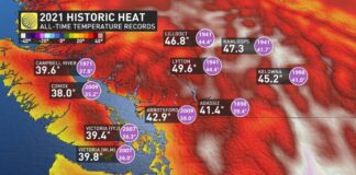 BC州でカナダ最高気温3日連続更新、メトロバンクーバーでも40度越え BC州各地で猛暑記録更新。The Wather Networkウェブサイトより