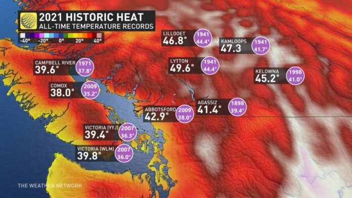 BC州各地で猛暑記録更新。The Wather Networkウェブサイトより