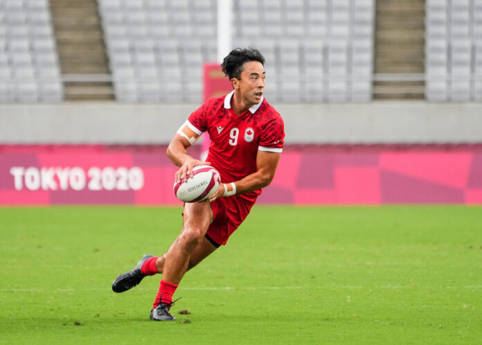 Team Canada Nathan Hirayama #9 plays the ball against Fiji during rugby 7s action during the Tokyo 2020 Olympic Games on Monday, July 26, 2021. (COC/Mark Blinch)