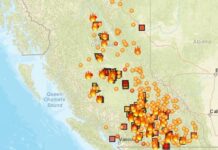 BC州で非常事態宣言発令、約6000人に避難警告 EmergencyMapBCの山火事発生状況のスクリーンショット