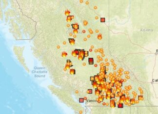 BC州で非常事態宣言発令、約6000人に避難警告 EmergencyMapBCの山火事発生状況のスクリーンショット