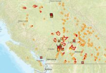 BC州、山火事による緊急事態宣言解除 9月14日時点で発生している山火事。Emergency Map BCより。