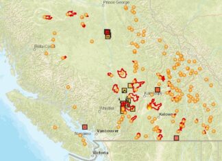 BC州、山火事による緊急事態宣言解除 9月14日時点で発生している山火事。Emergency Map BCより。