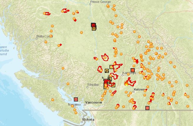 9月14日時点で発生している山火事。Emergency Map BCより。