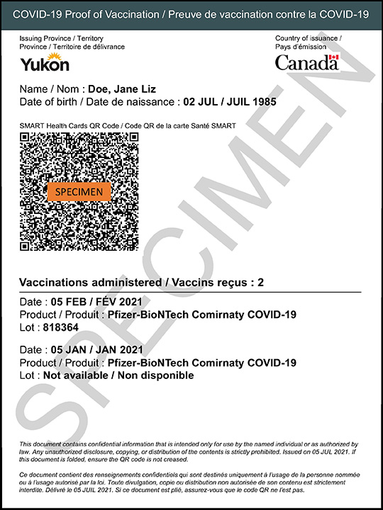 全国版ワクチンパスポートの見本。Photo courtesy of Government of Canada