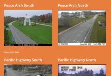 アメリカの陸路旅行者受け入れ再開で、避寒者スノーバードが南へ 11月8日のピースアーチとパシフィックハイウェイ国境の様子。©the Vancouver Shinpo