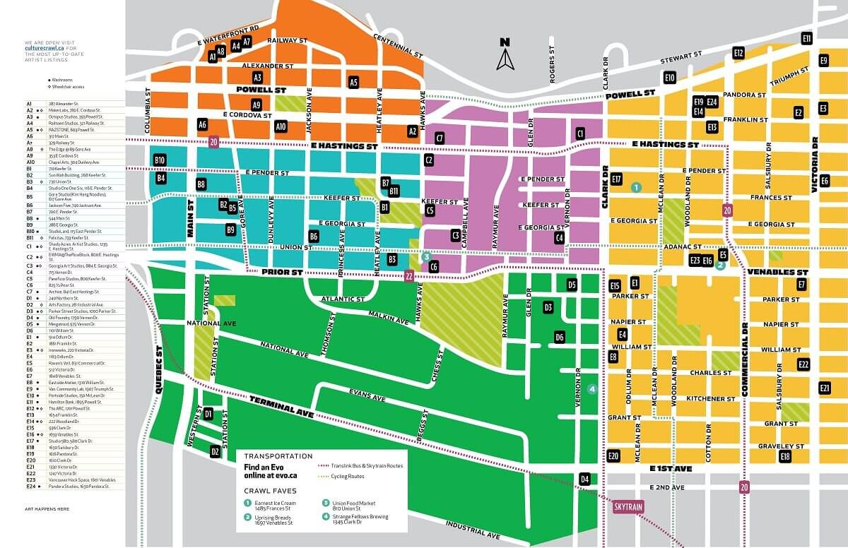 アーティストのスタジオ見学ができる、イーストサイド・カルチャー・クロウル 黒いマークが参加スタジオ。多数参加しているのが分かる。Photo courtesy of Eastside Culture Crawl