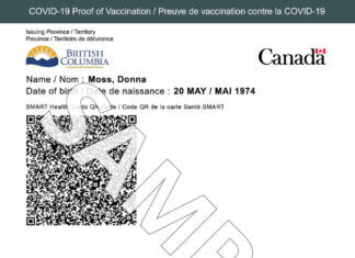 BCでも全国版ワクチンパスポート利用開始 BC州で接種を受けた人の全国版ワクチンパスポートの見本。Photo courtesy of Government of British Columbia
