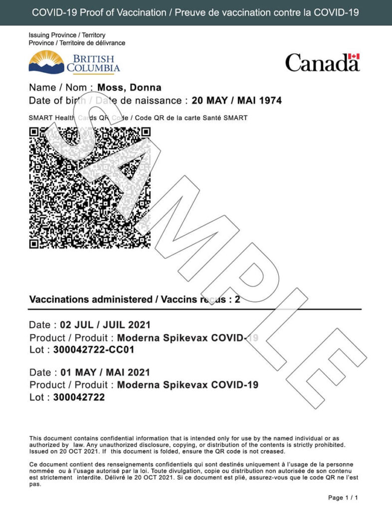 BC州で接種を受けた人の全国版ワクチンパスポートの見本。Photo courtesy of Government of British Columbia