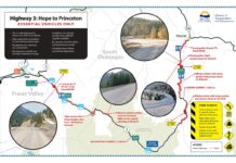 BC州道路状況~コカハラは20日に商用車向け、3号線は21日に一般車向けに再開 3号線のホープ~プリンストン間の注意箇所。Photo courtesy of TranBC