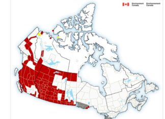 カナダ西部で極寒警報 赤くなっている部分は12月26日にカナダで出されている気象警報。Photo courtesy of Environment Canada Public Weather Alerts for Canada