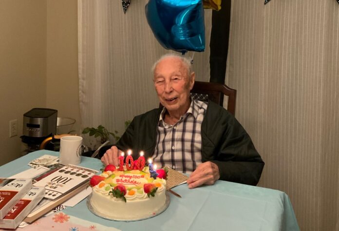 Mr. Kaye Kaminishi on 100th birthday in Burnaby, BC. Photo courtesy of Ms. Joyce Shimokura