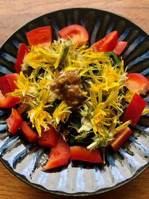 たんぽぽと醤油麹ドレッシング。Photo courtesy of Yumi Sakamoto
