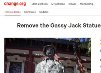 ギャシー・ジャック像を、先住民女性への暴力に抗議する人らが引き倒す ギャシー・ジャック像撤去を求める「Change.org」ページ。Photo courtesy of © Change.org