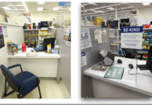 「BC州の薬局サービスとファーマケア」~S.U.C.C.E.S.S. 左:コロナ禍以前の薬局相談窓口。右:コロナ禍でアクリルパーテーションが立てられ、「BE KIND」の貼り紙も。Photo courtesy of Atsushi Sato