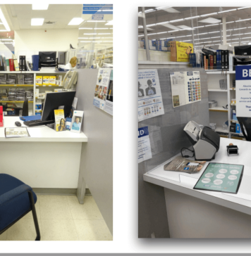 「BC州の薬局サービスとファーマケア」~S.U.C.C.E.S.S. 左:コロナ禍以前の薬局相談窓口。右:コロナ禍でアクリルパーテーションが立てられ、「BE KIND」の貼り紙も。Photo courtesy of Atsushi Sato