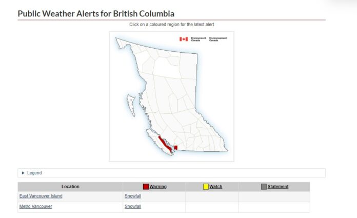 カナダ環境省は11日、メトロバンクーバーとバンクーバー島東部に降雪警報を発表した。Photo from the Government of Canada Website