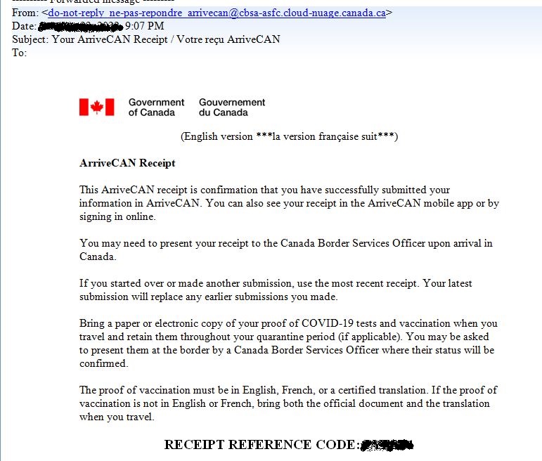 ArriveCAN から「Your ArriveCAN Receipt / Votre reçu ArriveCAN」という件名でメールが届く。©The Vancouver Shinpo