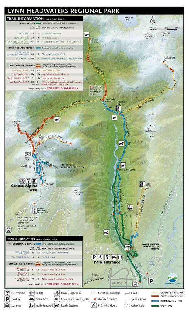 リン・ヘッドウォーターズ・リージョナル・パークのトレイル地図。Photo from Metro Vancouver Website