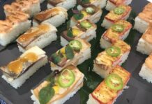 レストランがプロデュースした新コンセプトの「Aburi Market」ウエストバンクーバーにオープン メディアレセプションではAburi 押し寿司のサンプルも。Photo by Vancouver Shinpo