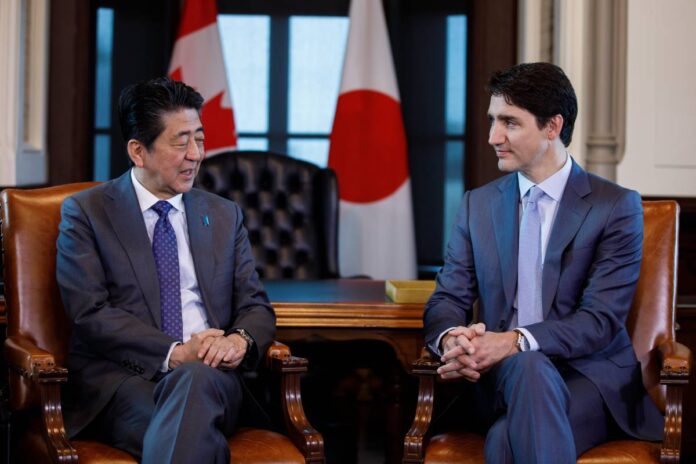 Prime Minister Trudeau speaks with Prime Minister Abe in West Block. April 28, 2019.