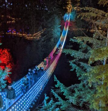 キャピラノサスペンションブリッジ、クリスマスイルミネーション“Canyon Lights”始まる Capilano Suspension Bridge Park "Canyon Lights", November 18, 2022.