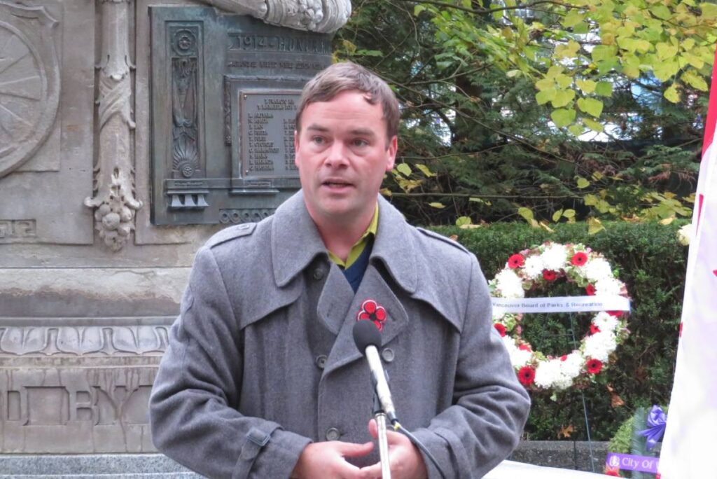 Address from Spencer Chandra Herbert/West End Coal Harbour MLA; November 11, 2022, Stanley Park. Photo by The Vancouver Shinpo