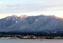 メトロバンクーバーで10センチ以上の積雪に すっかり雪化粧したノースショアの山々。2020年1月。Photo by Naomi Mishima