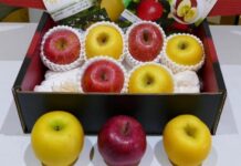 ABURI Marketで岩手県フェア開催! 2021年12月、在バンクーバー日本国総領事館羽鳥隆総領事(当時)に贈呈された岩手県産りんご。Photo by Louise Akuzawa/Vancouver Shinpo