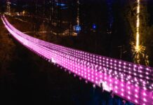 キャピラノサスペンションブリッジで、バレンタイン・ライトアップ つり橋がバレンタイン・ライトアップでお出迎え。揺れる橋を2人で渡るとロマンチックな雰囲気はさらに...。Photo by ©Capilano Suspension Bridge Park