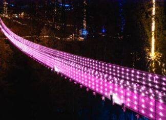 キャピラノサスペンションブリッジで、バレンタイン・ライトアップ つり橋がバレンタイン・ライトアップでお出迎え。揺れる橋を2人で渡るとロマンチックな雰囲気はさらに...。Photo by ©Capilano Suspension Bridge Park