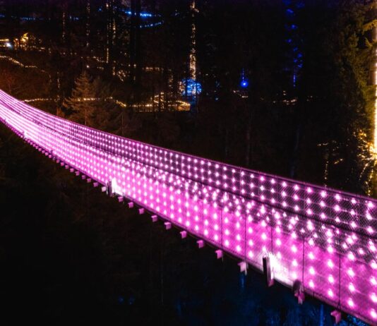 キャピラノサスペンションブリッジで、バレンタイン・ライトアップ つり橋がバレンタイン・ライトアップでお出迎え。揺れる橋を2人で渡るとロマンチックな雰囲気はさらに...。Photo by ©Capilano Suspension Bridge Park