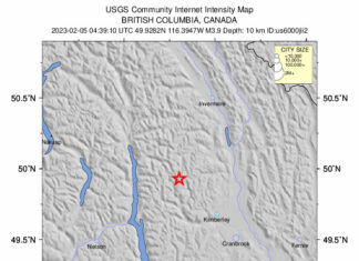 BC州内陸部でマグニチュード3.9の地震を観測 Image by USGS National Earthquake Information Center, PDE