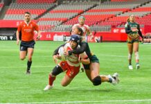 カナダセブンズ開幕!日本代表男女、善戦も勝利は明日にお預け カナダセブンズ、日本対オーストラリア。日本女子代表、この後トライを決める。2023年3月3日、BCプレース。Photo by Koichi Saito/Japan Canada Today