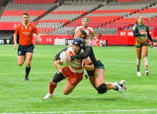 カナダセブンズ開幕!日本代表男女、善戦も勝利は明日にお預け カナダセブンズ、日本対オーストラリア。日本女子代表、この後トライを決める。2023年3月3日、BCプレース。Photo by Koichi Saito/Japan Canada Today