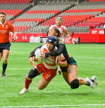 カナダセブンズ開幕!日本代表男女、善戦も勝利は明日にお預け カナダセブンズ、日本対オーストラリア。日本女子代表、この後トライを決める。2023年3月3日、BCプレース。Photo by Koichi Saito/Japan Canada Today